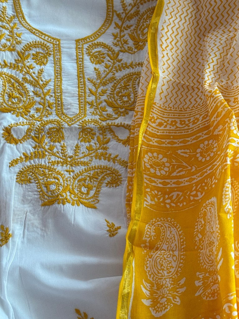 Yellow Pure cotton Chikankari kurta fabric teamed with block print dupatta