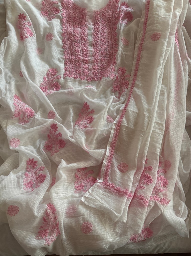 Pink and white pure cotton Kota doria chikankari kurta dupatta set