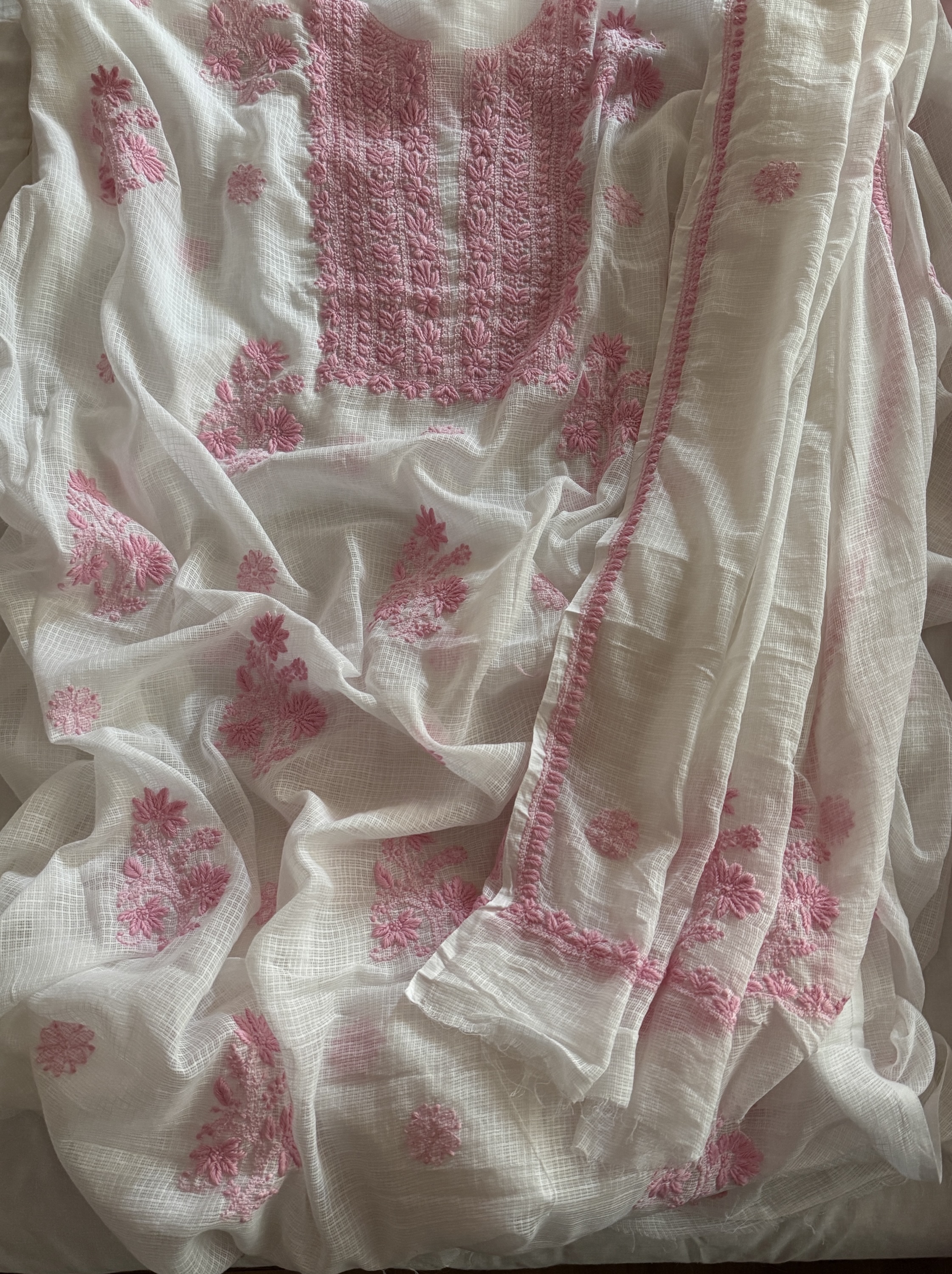 Pink and white pure cotton Kota doria chikankari kurta dupatta set - Image 1