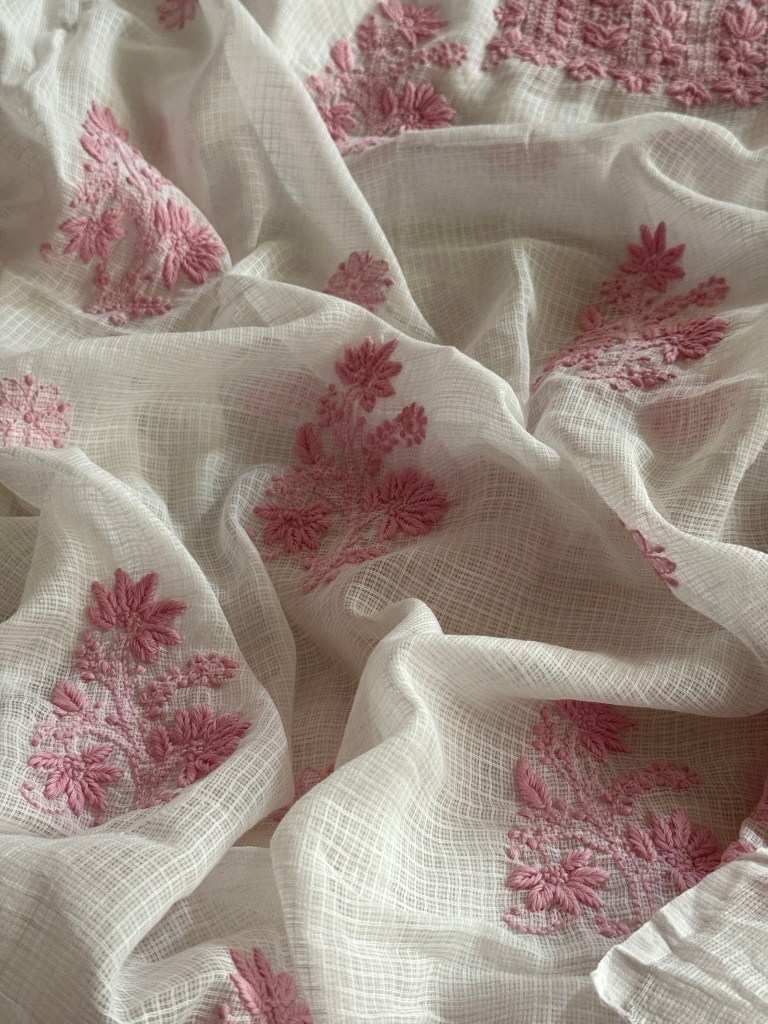 Pink and white pure cotton Kota doria chikankari kurta dupatta set