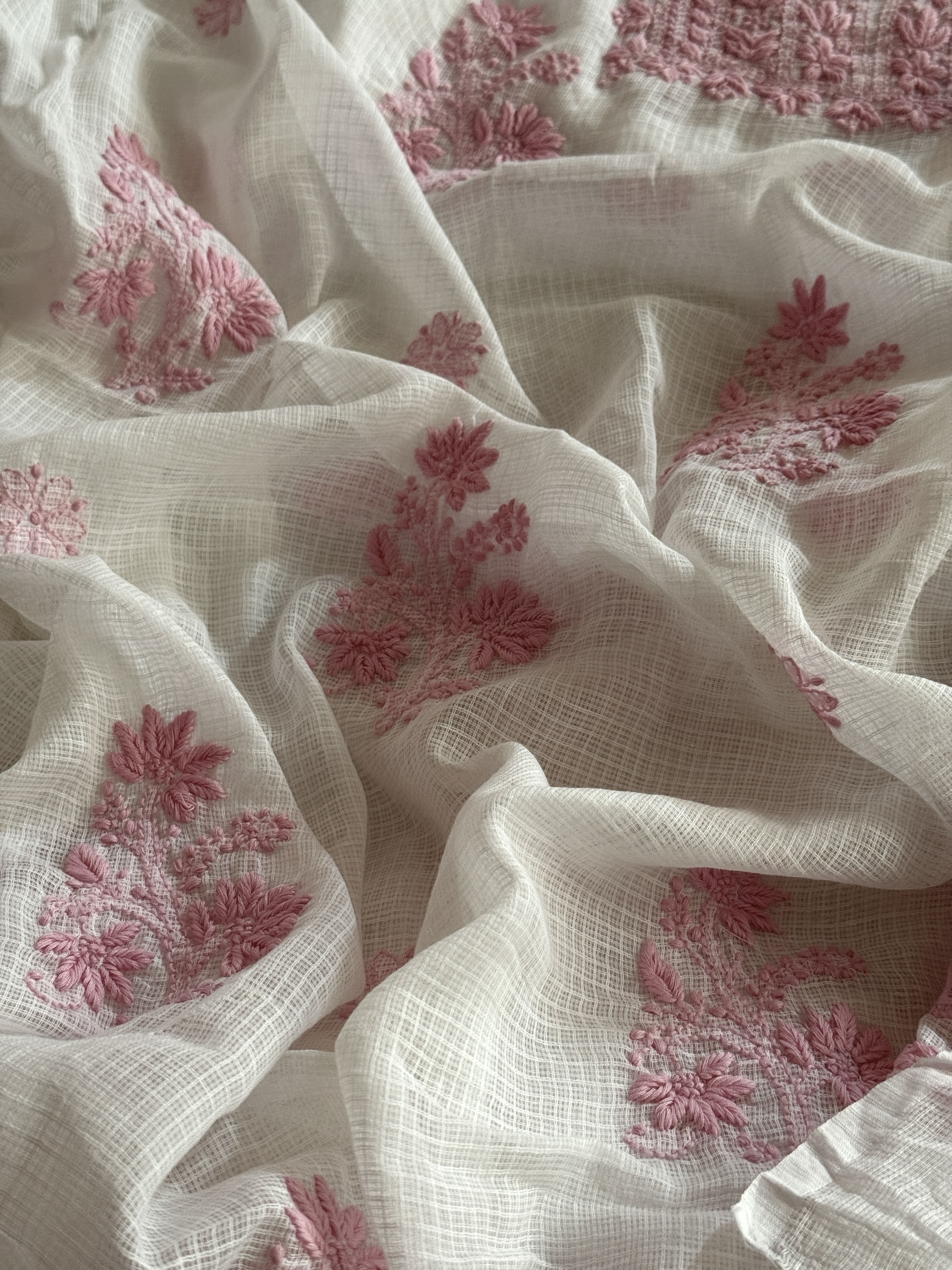 Pink and white pure cotton Kota doria chikankari kurta dupatta set - Image 2