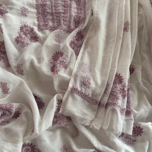 Orchid pink on white pure Kota doria chikankari kurta dupatta set