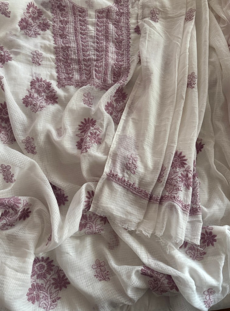 Orchid pink on white pure Kota doria chikankari kurta dupatta set