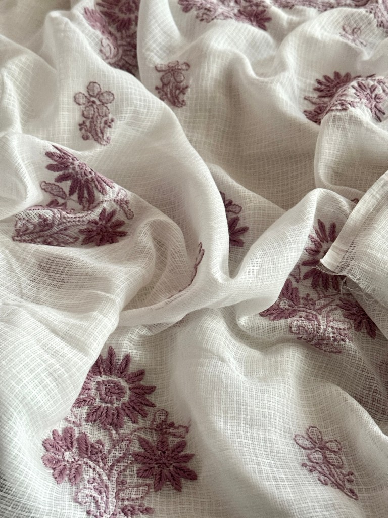 Orchid pink on white pure Kota doria chikankari kurta dupatta set