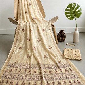 Pure kosa silk Chikankari saree with wine and rust work and subtle mukaish work - Image 1