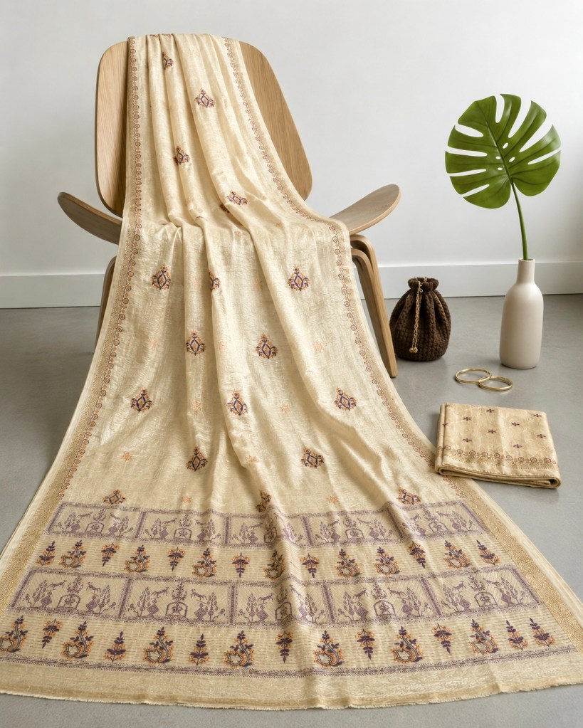 Pure kosa silk Chikankari saree with wine and rust work and subtle mukaish work