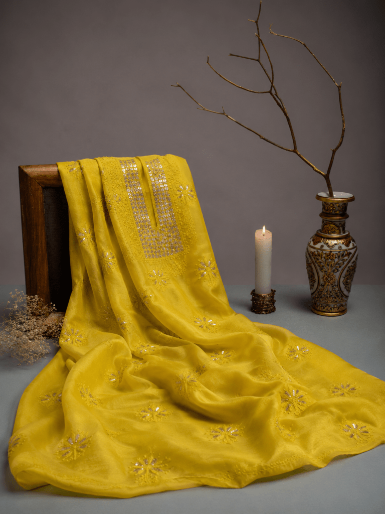 Golden yellow Chanderi Chikankari kurta fabric with gold mukaish work