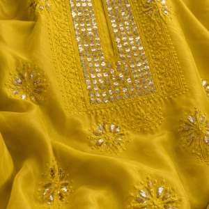 Golden yellow Chanderi Chikankari kurta fabric with gold mukaish work - Image 2