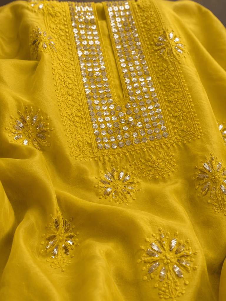 Golden yellow Chanderi Chikankari kurta fabric with gold mukaish work