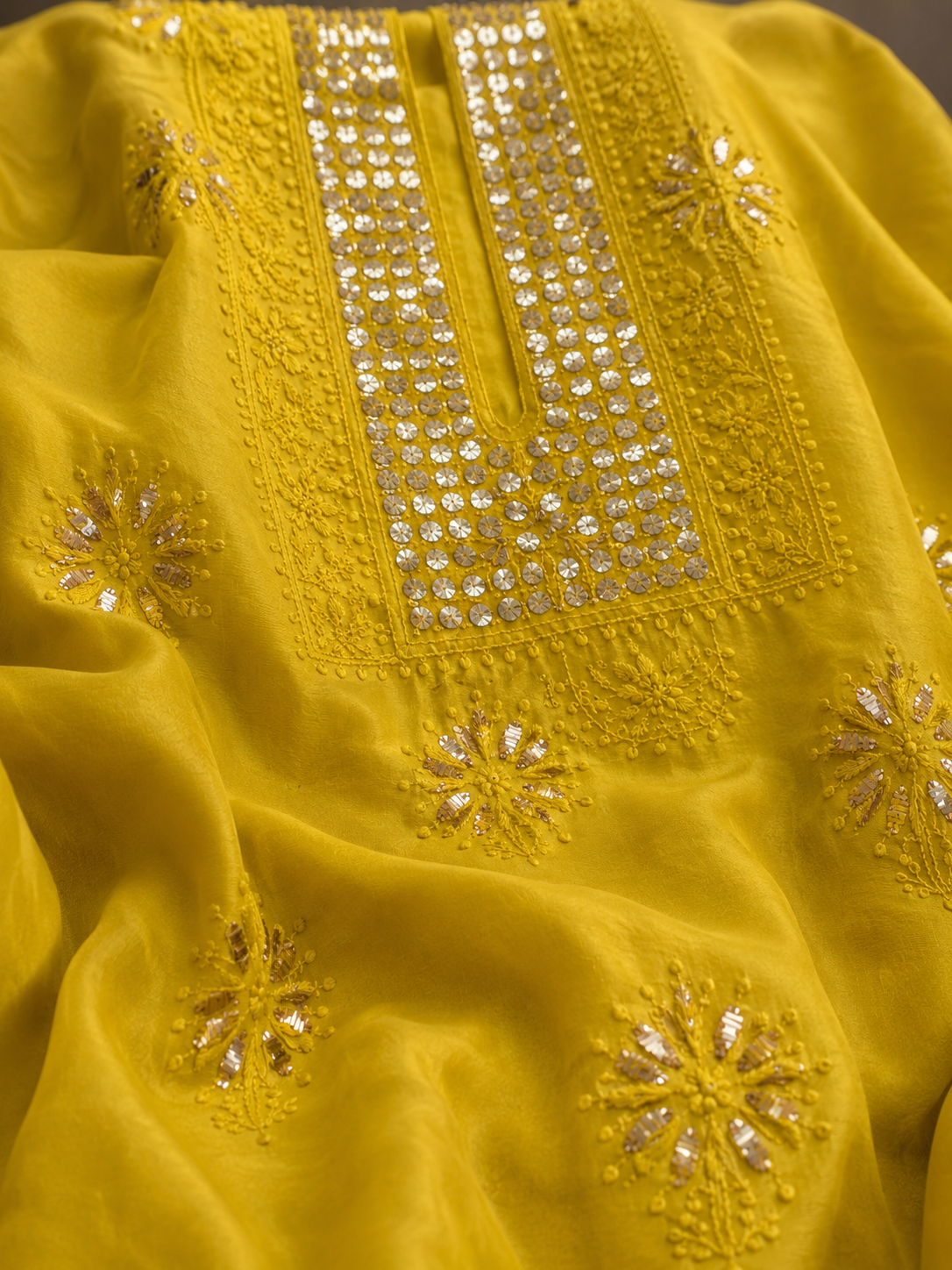 Golden yellow Chanderi Chikankari kurta fabric with gold mukaish work - Image 2