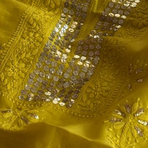 Golden yellow Chanderi Chikankari kurta fabric with gold mukaish work