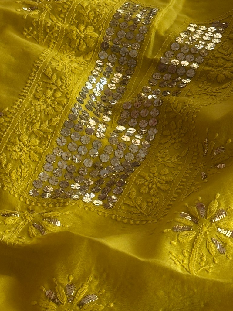 Golden yellow Chanderi Chikankari kurta fabric with gold mukaish work