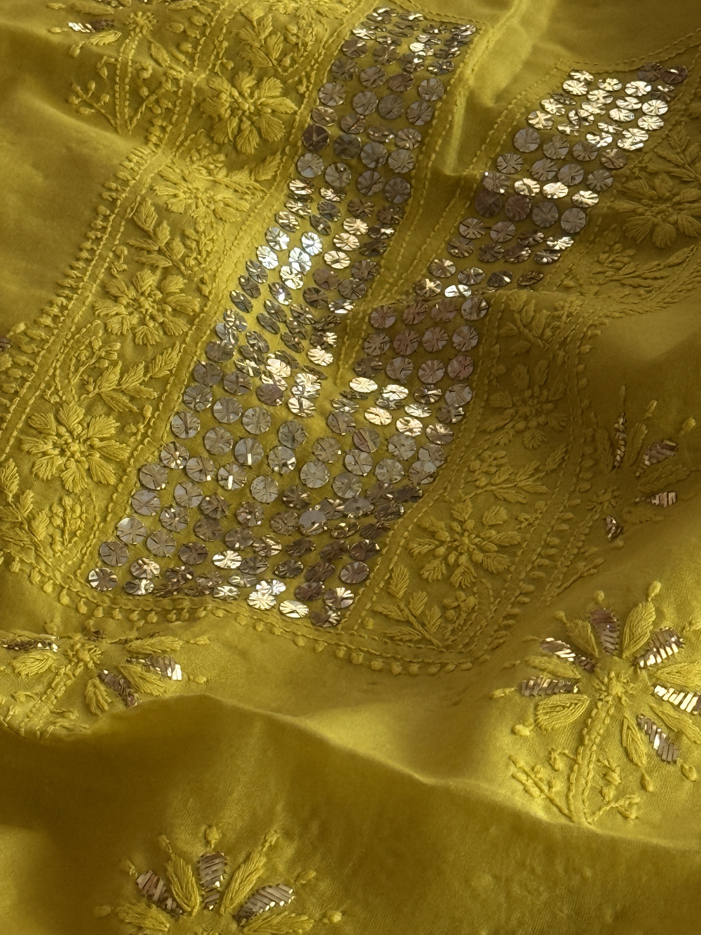 Golden yellow Chanderi Chikankari kurta fabric with gold mukaish work - Image 1