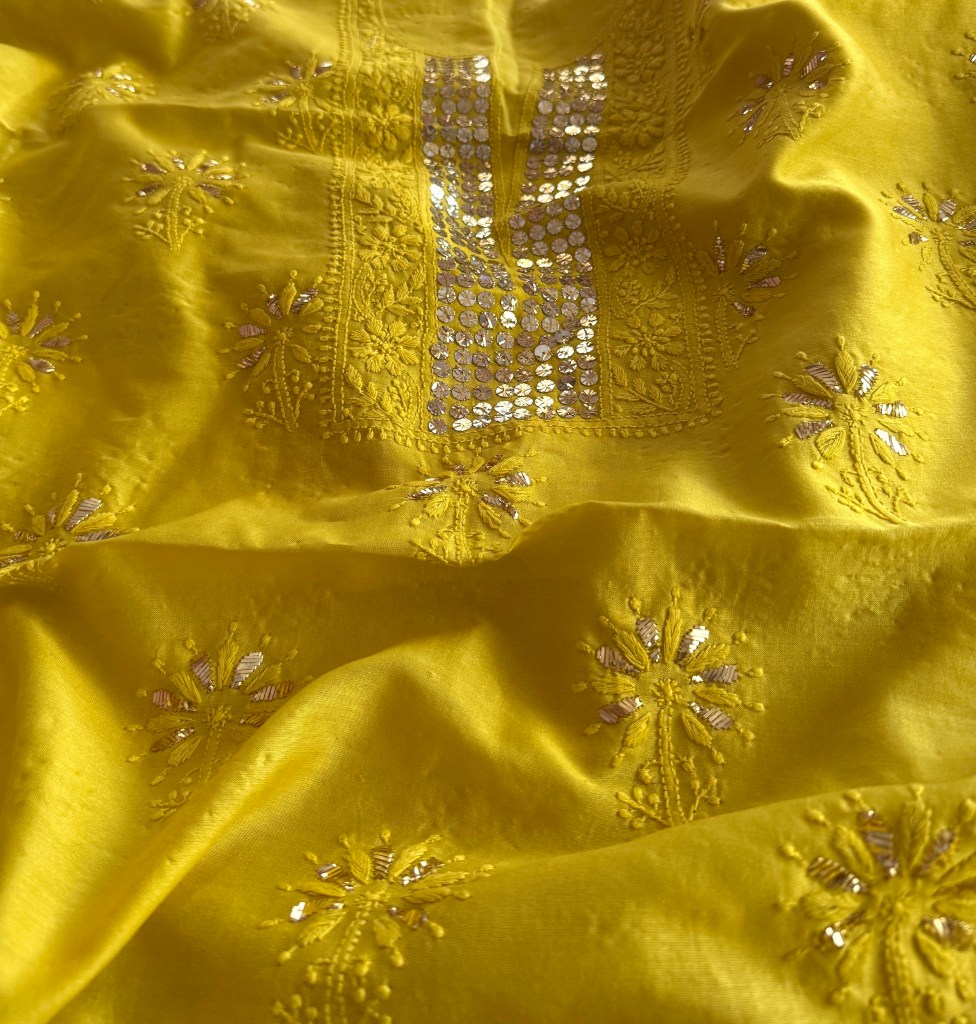 Golden yellow Chanderi Chikankari kurta fabric with gold mukaish work