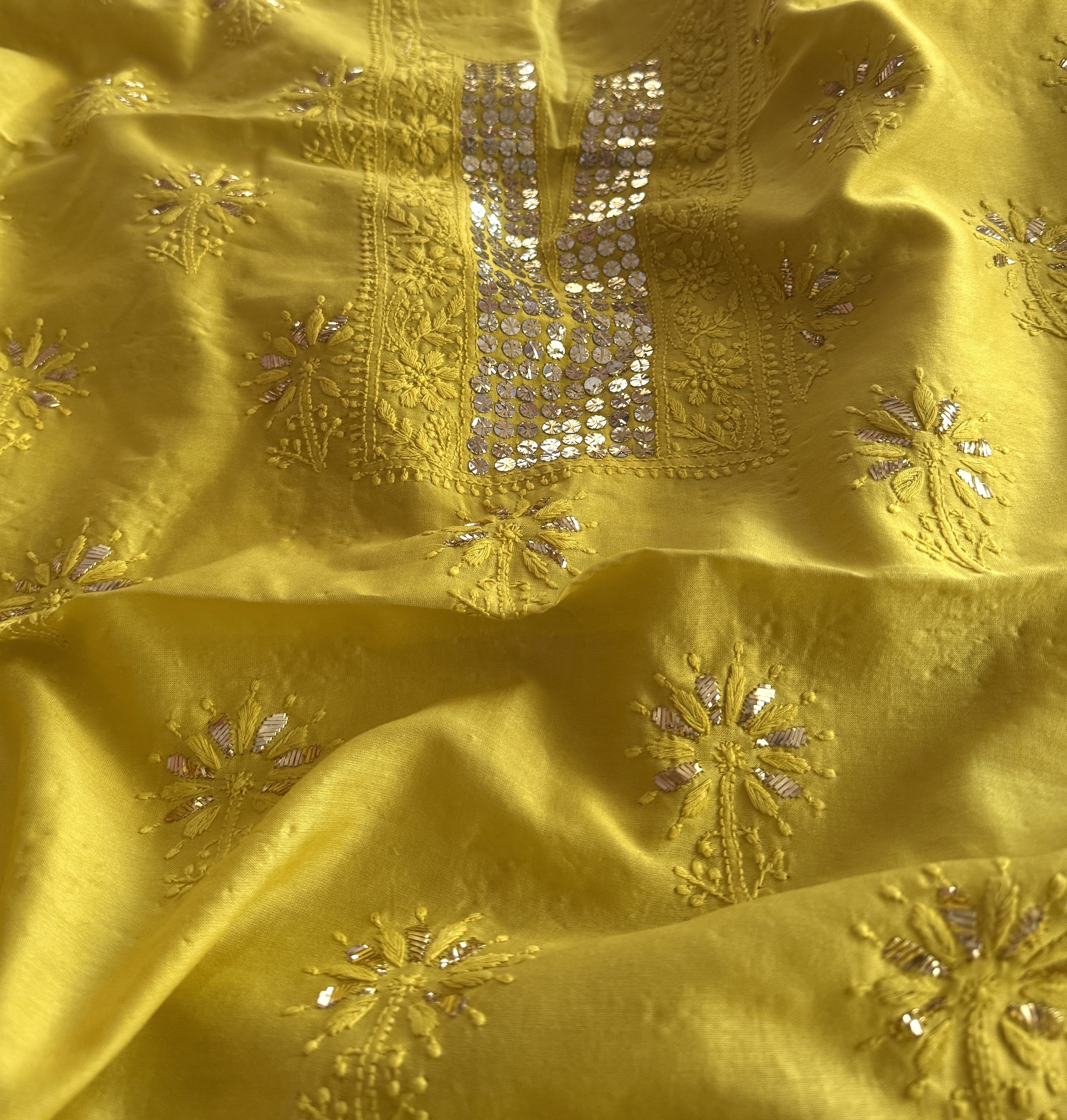 Golden yellow Chanderi Chikankari kurta fabric with gold mukaish work - Image 2