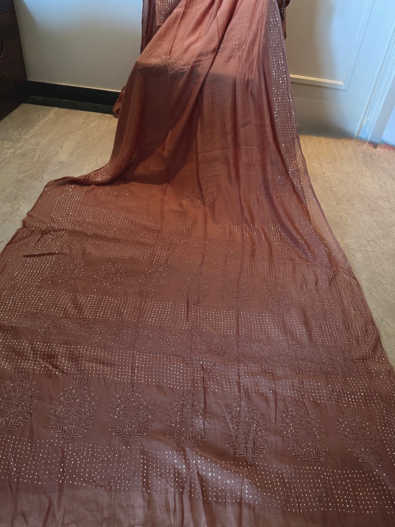 Cinnamon Brown pure mulmul chikankari saree & blouse with mukaish work