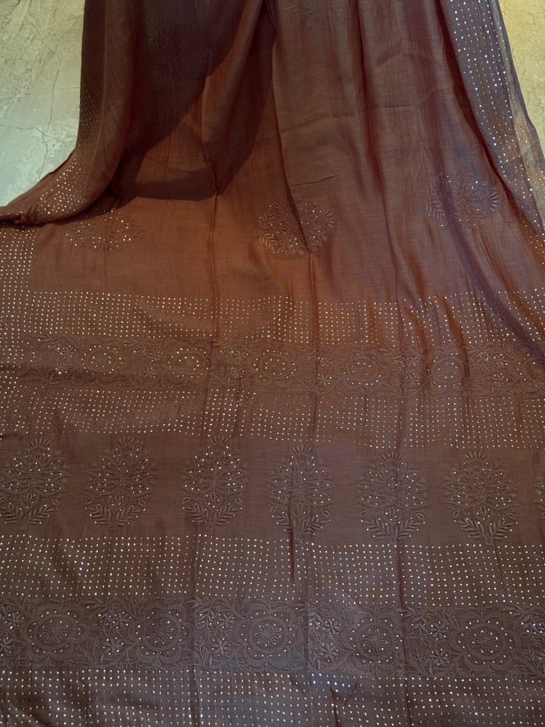 Cinnamon Brown pure mulmul chikankari saree & blouse with mukaish work