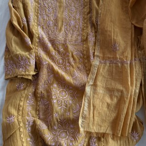 Mustard yellow mulmul kurta dupatta set with lilac Chikankari work