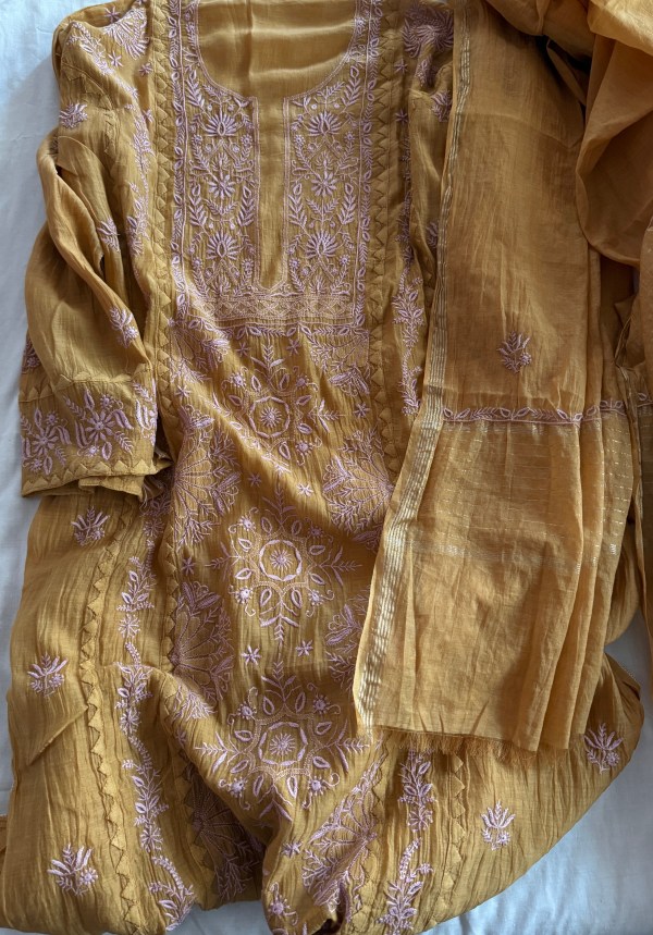 Mustard yellow mulmul kurta dupatta set with lilac Chikankari work