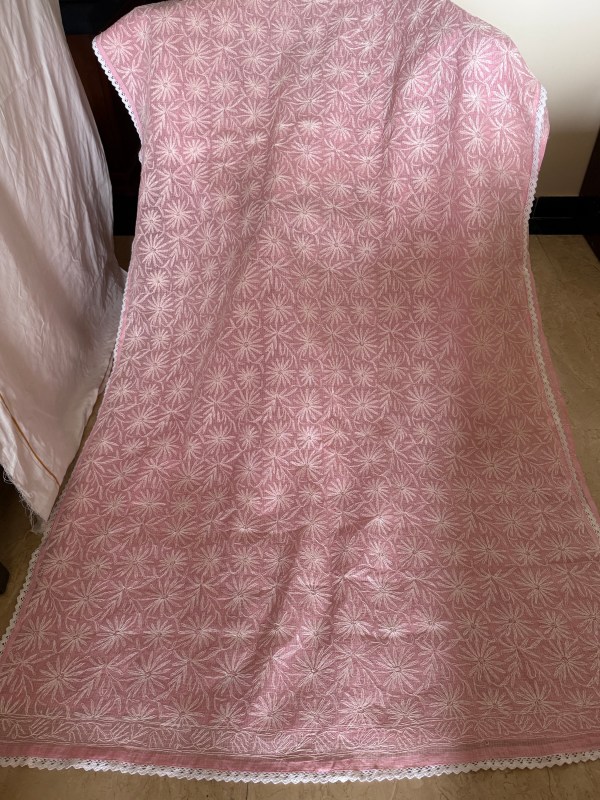 Charming pink pure cotton Kota doria chikankari saree with handcrafted jaal Tepchi work & delicate lace border
