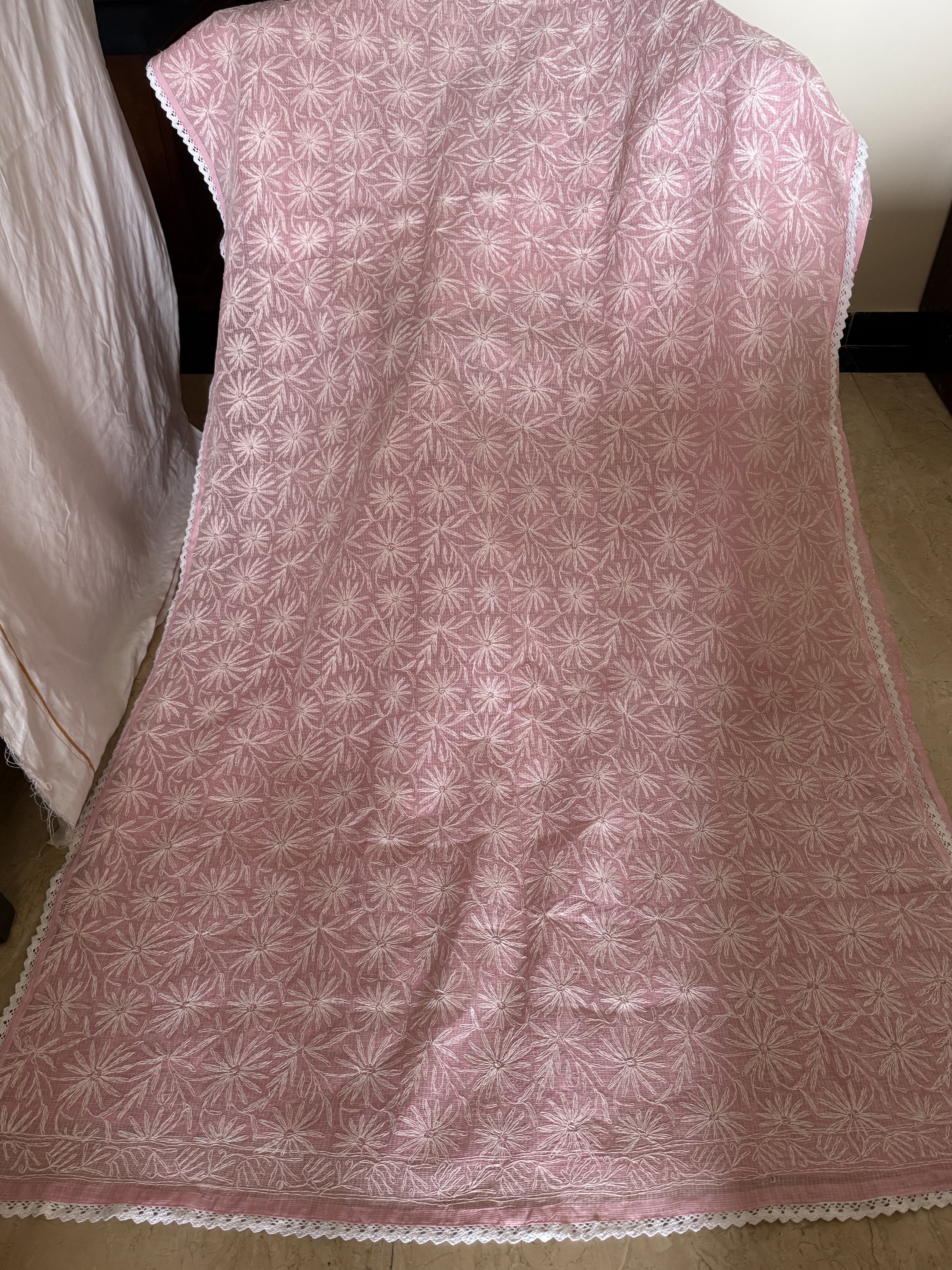 Charming pink pure cotton Kota doria chikankari saree with handcrafted jaal Tepchi work & delicate lace border - Image 1