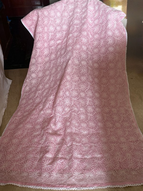 Charming pink pure cotton Kota doria chikankari saree with handcrafted jaal Tepchi work & delicate lace border