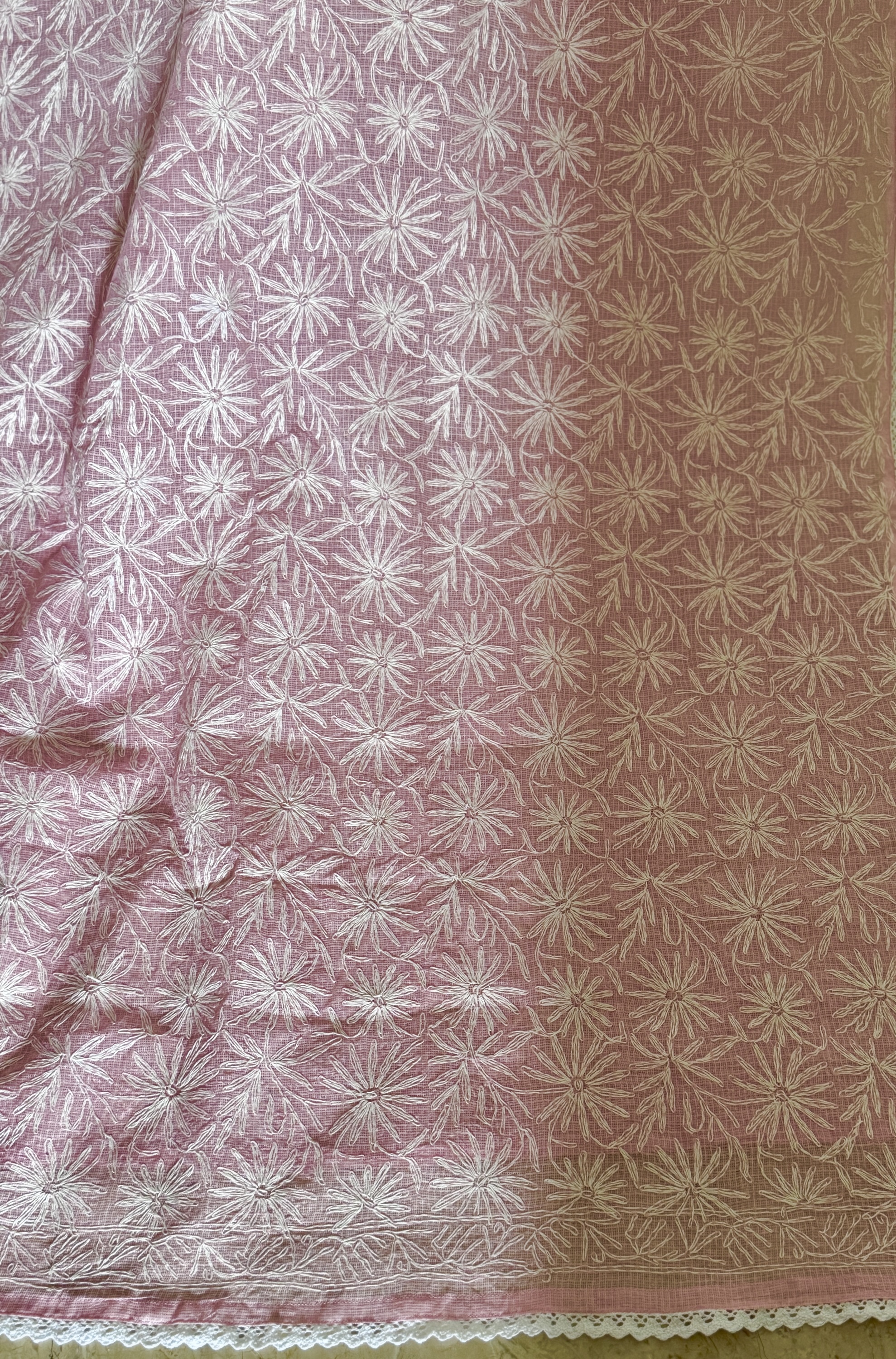 Charming pink pure cotton Kota doria chikankari saree with handcrafted jaal Tepchi work & delicate lace border - Image 3