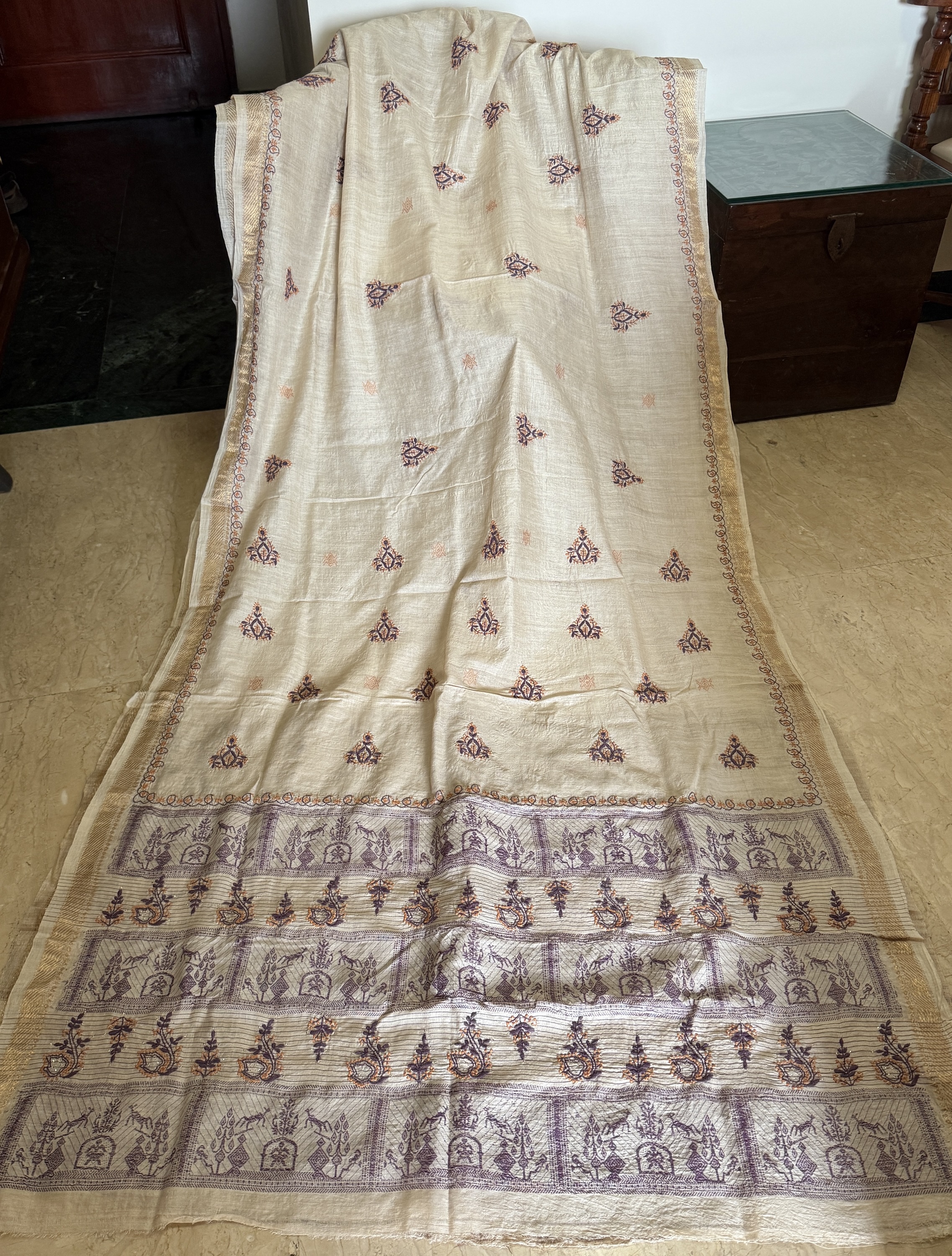 Pure kosa silk Chikankari saree with wine and rust work and subtle mukaish work - Image 2