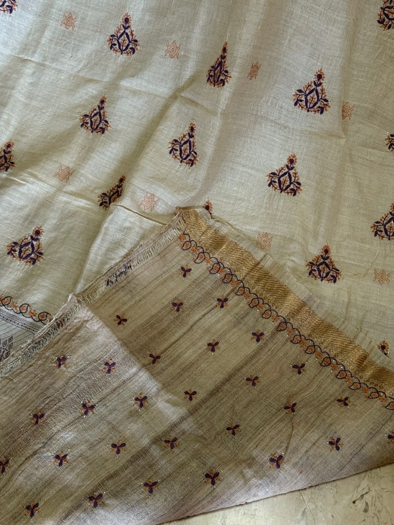 Pure kosa silk Chikankari saree with wine and rust work and subtle mukaish work
