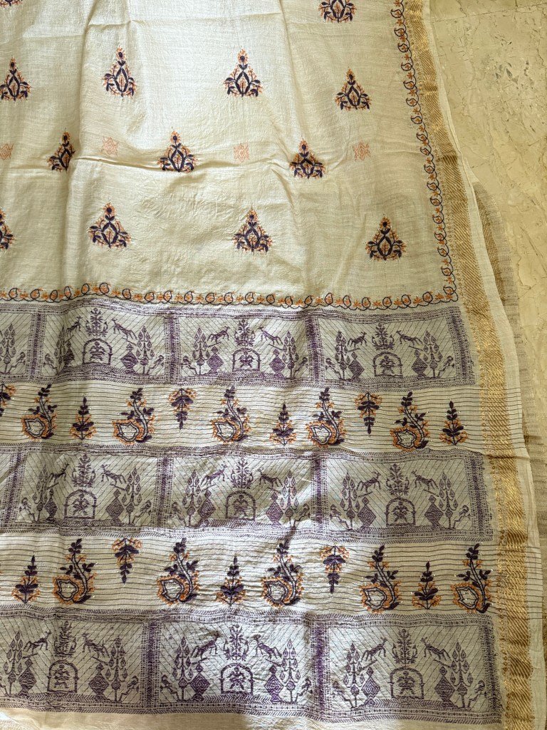 Pure kosa silk Chikankari saree with wine and rust work and subtle mukaish work