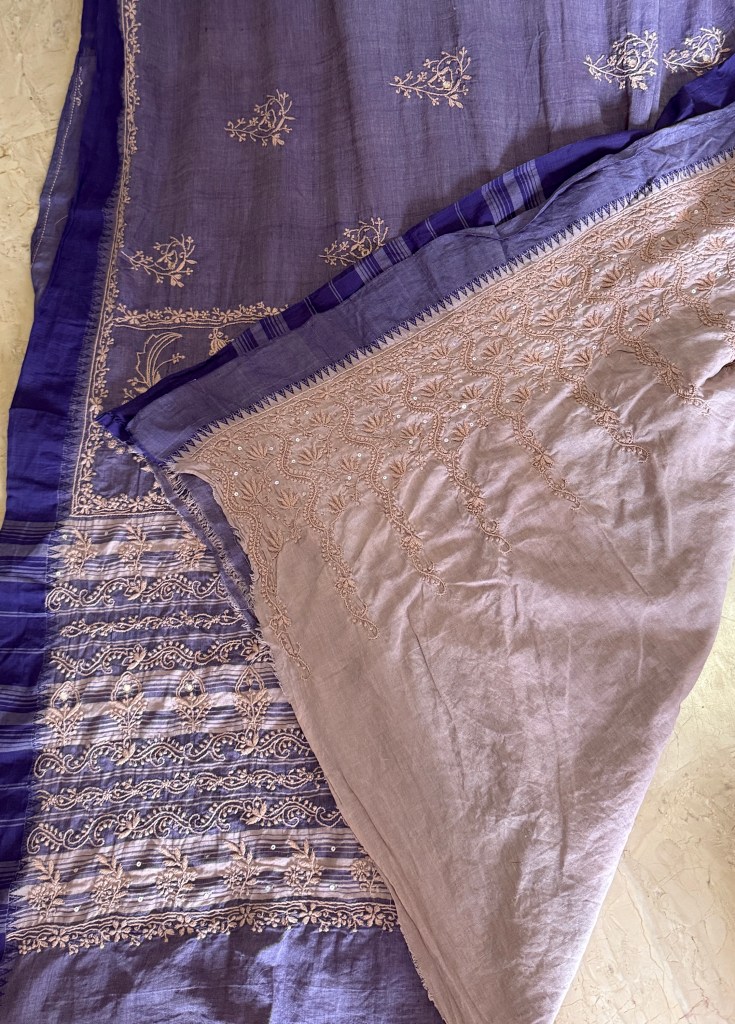 Dusty lavender pure cotton handloom Chikankari saree & blouse with temple border