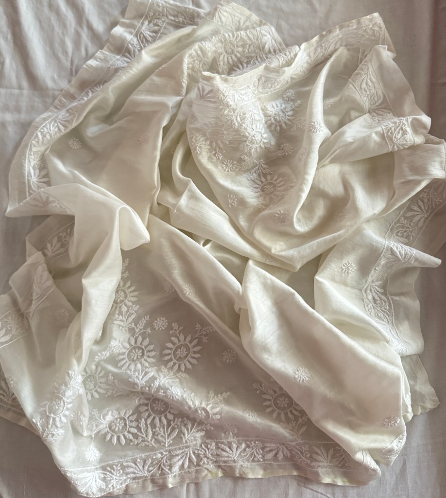 White charming Chanderi Chikankari blouse piece (one metre)