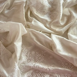 White charming Chanderi Chikankari blouse piece (one metre) - Image 2