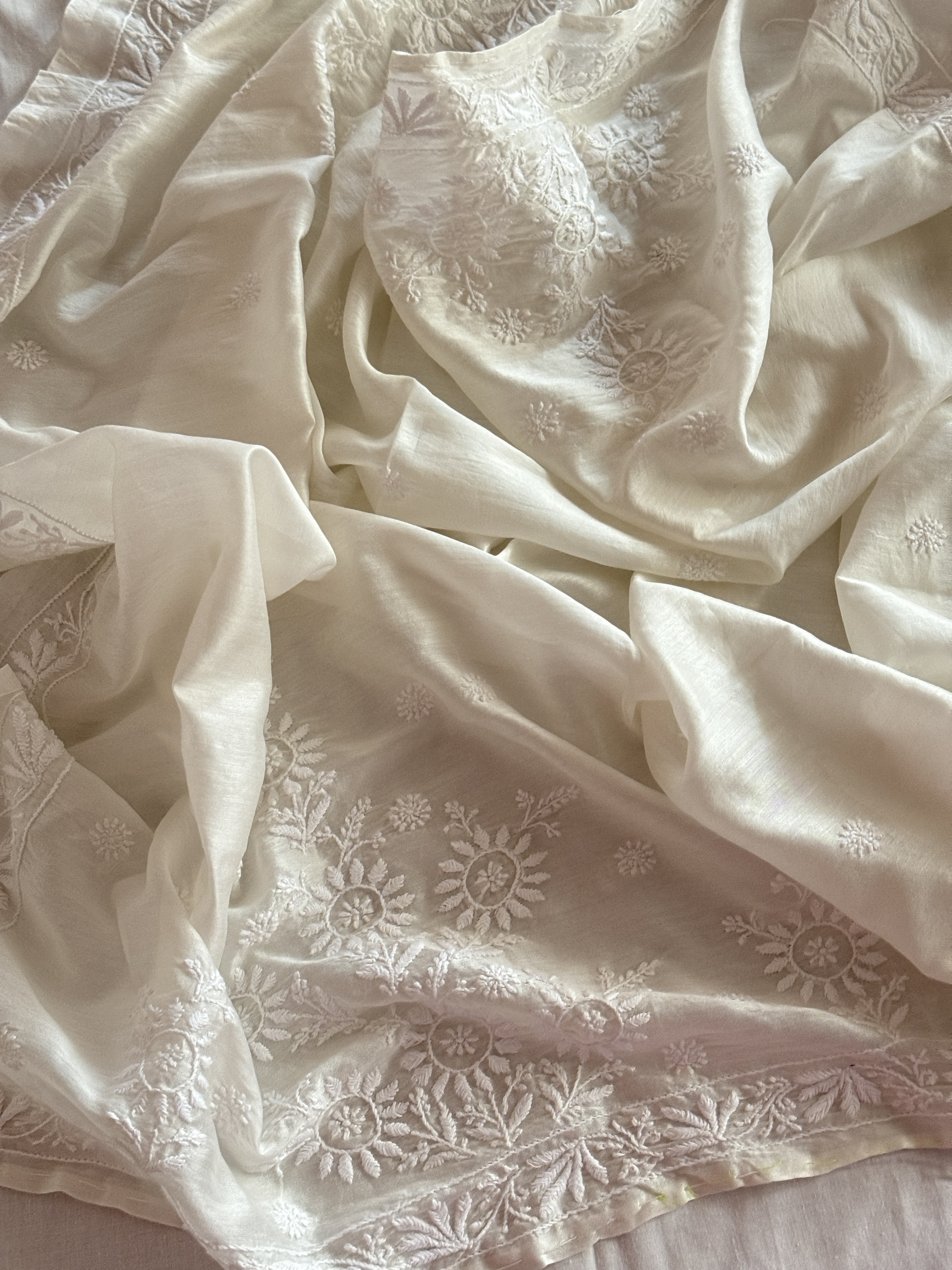 White charming Chanderi Chikankari blouse piece (one metre) - Image 2