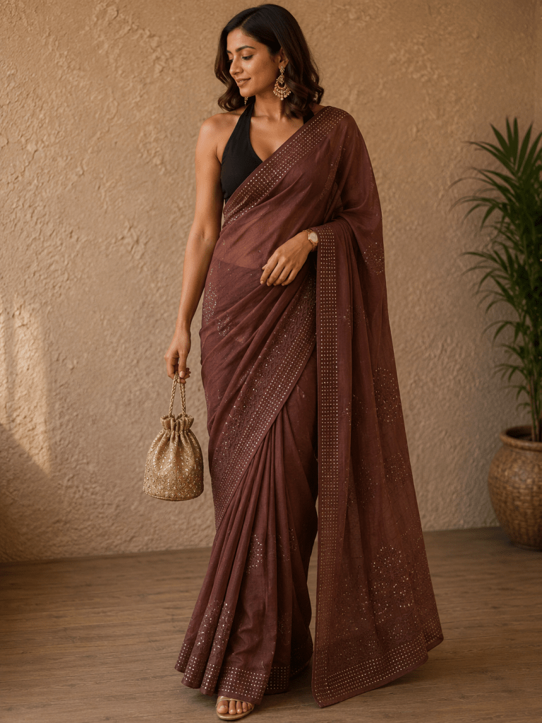 Cinnamon Brown pure mulmul chikankari saree & blouse with mukaish work