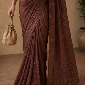Cinnamon Brown pure mulmul chikankari saree & blouse with mukaish work - Image 2