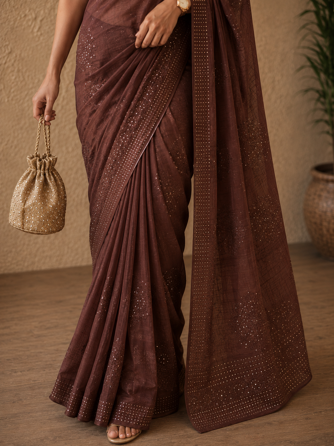 Cinnamon Brown pure mulmul chikankari saree & blouse with mukaish work - Image 2