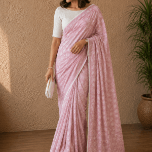 Charming pink pure cotton Kota doria chikankari saree with handcrafted jaal Tepchi work & delicate lace border