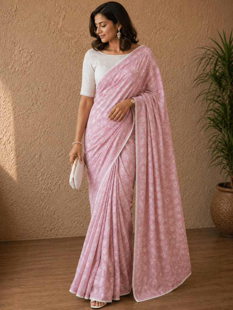 Charming pink pure cotton Kota doria chikankari saree with handcrafted jaal Tepchi work & delicate lace border
