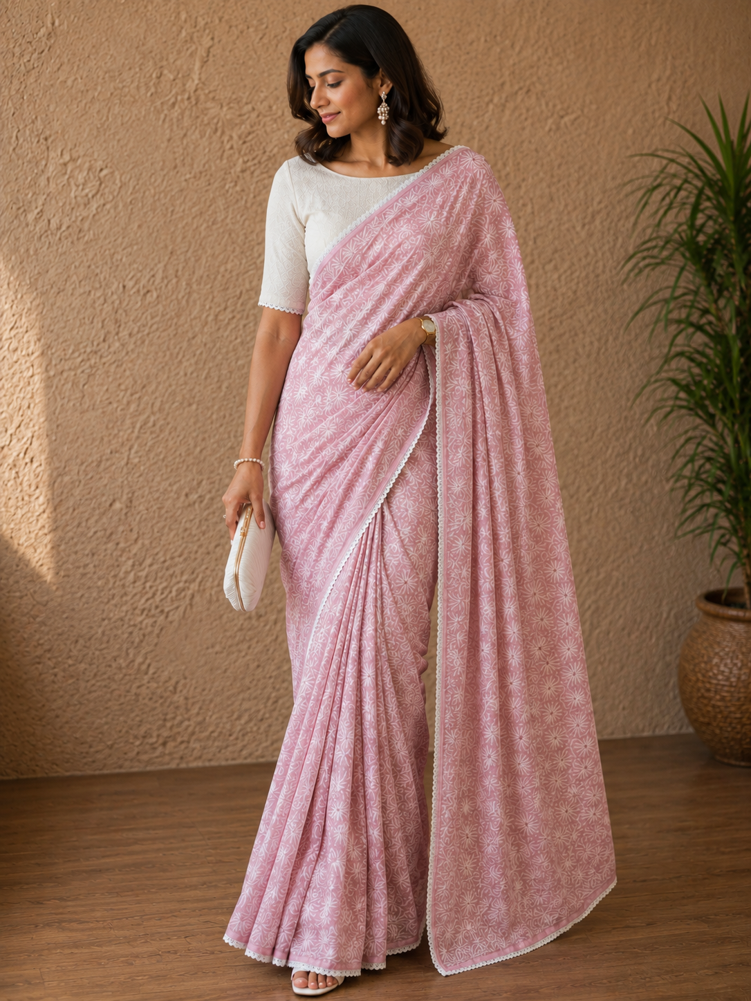 Charming pink pure cotton Kota doria chikankari saree with handcrafted jaal Tepchi work & delicate lace border - Image 1