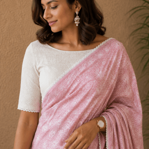 Charming pink pure cotton Kota doria chikankari saree with handcrafted jaal Tepchi work & delicate lace border - Image 3