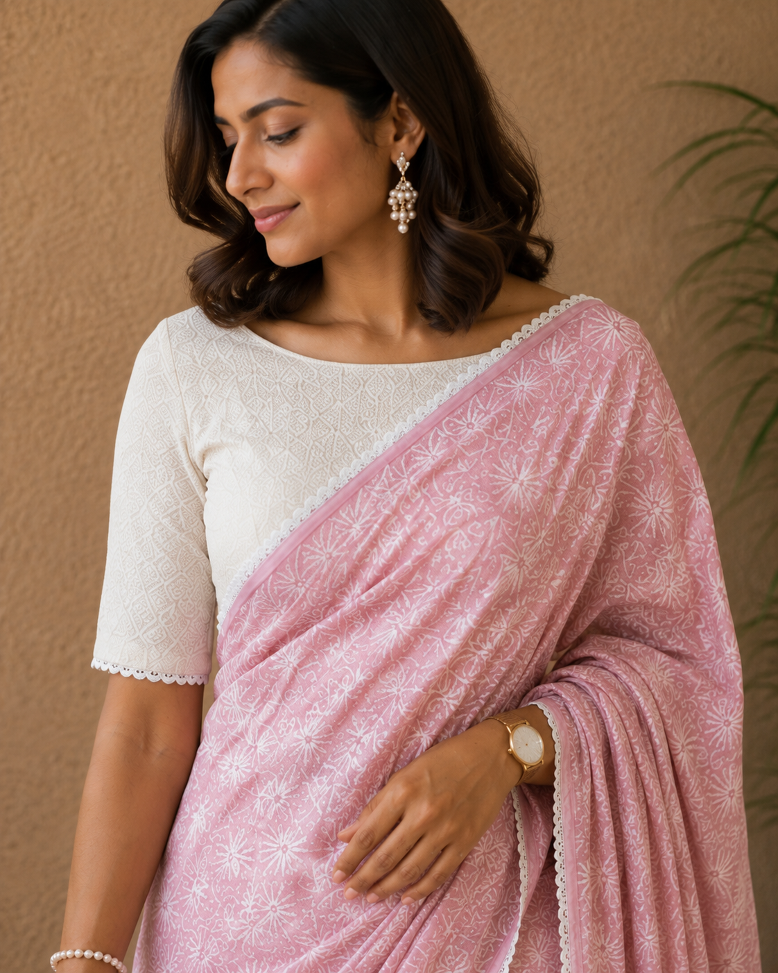 Charming pink pure cotton Kota doria chikankari saree with handcrafted jaal Tepchi work & delicate lace border - Image 3