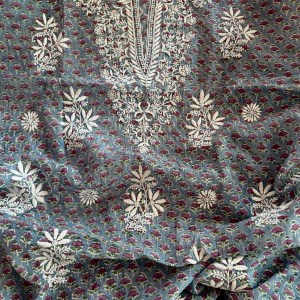 Teal blue sanganeri hand block printed mulmul Chikankari kurta piece