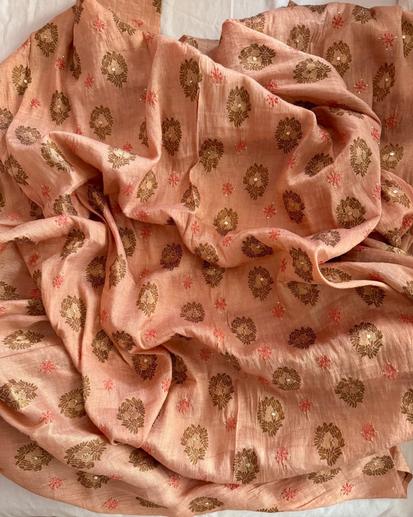 Blush peach pure banarasi Muga silk Chikankari kurta piece with mukaish work