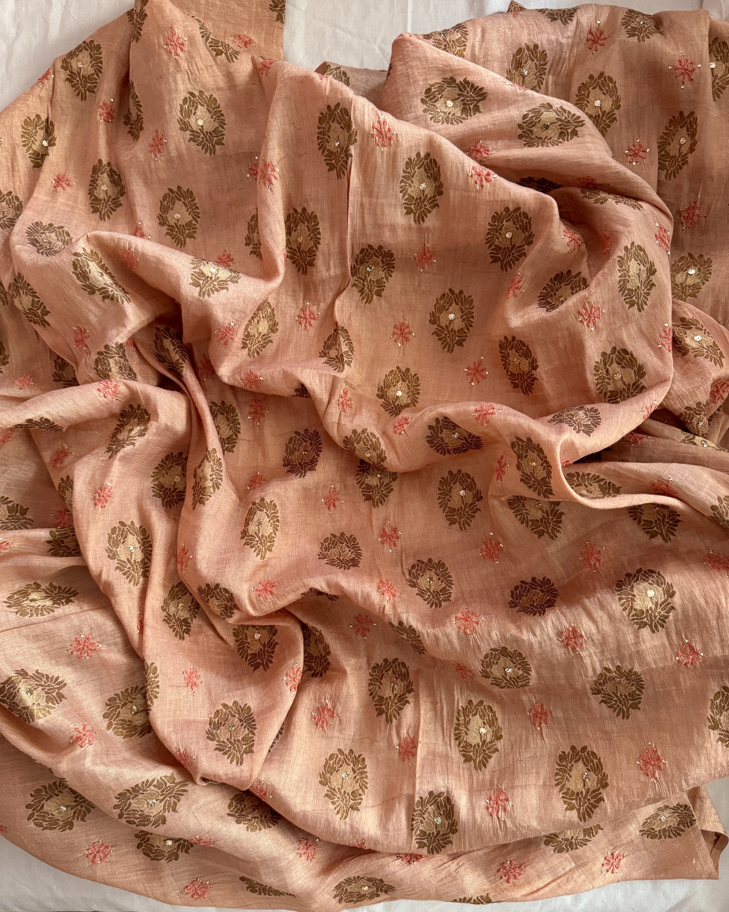 Blush peach pure banarasi Muga silk Chikankari kurta piece with mukaish work - Image 1