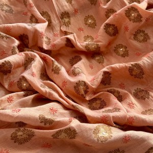 Blush peach pure banarasi Muga silk Chikankari kurta piece with mukaish work - Image 2