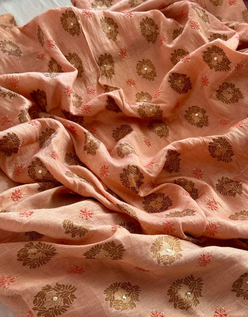 Blush peach pure banarasi Muga silk Chikankari kurta piece with mukaish work
