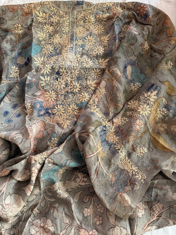 Muga silk vegetable dye handmade Kalamkari Chikankari kurta piece with mukaish work