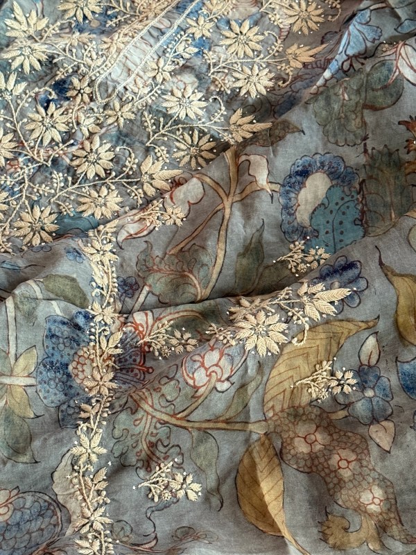 Muga silk vegetable dye handmade Kalamkari Chikankari kurta piece with mukaish work