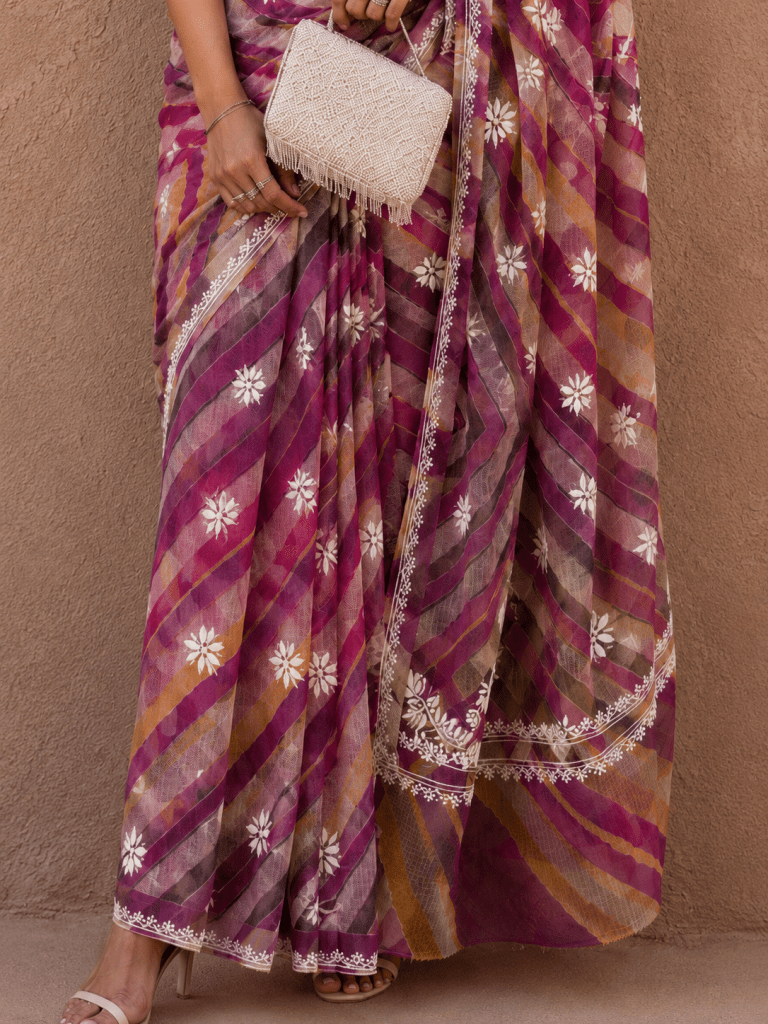 Pink & yellow Handmade tie & dye ombré Kota Mul leheriya Chikankari saree